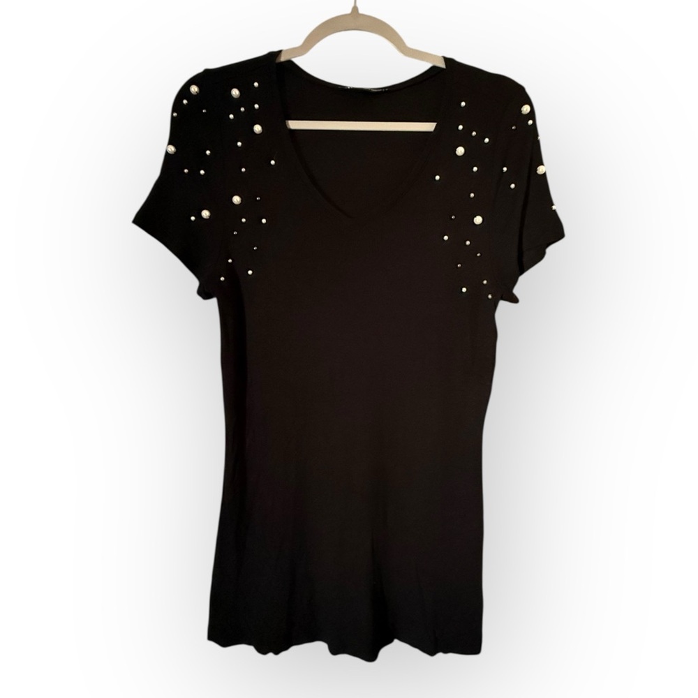 INC International Concepts Black Ribbed Top with Pearl Embellished Sleeves Sz M